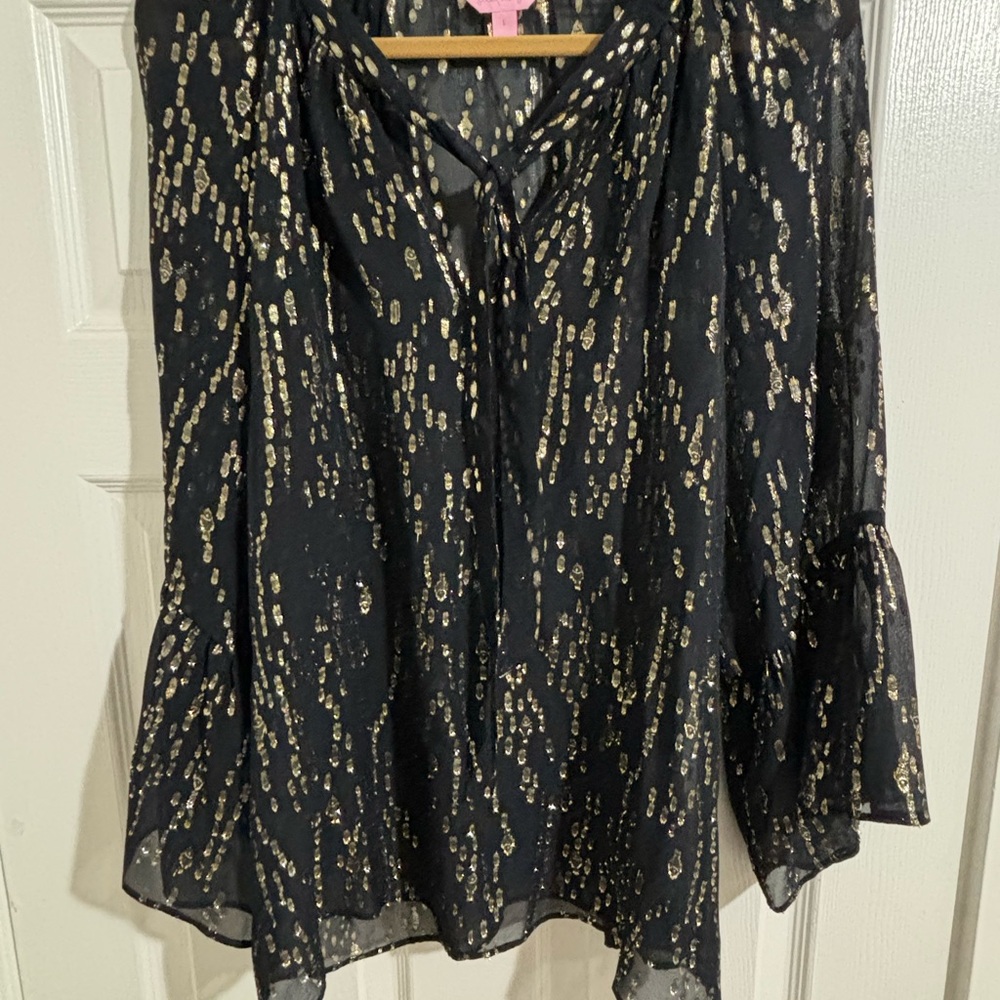 Lilly Pulitzer Black Gold Metallic Silk V Neck Blouse Size Large